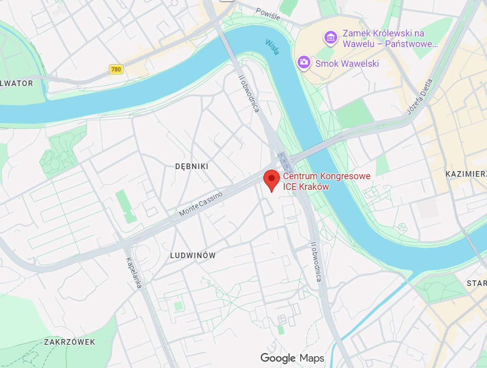 Mapa centrum Krakowa z zaznaczonym ICE Kraków
